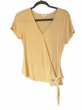 Pink Rose Yellow Ribbed Wrap Front Side Tie Top Size Large